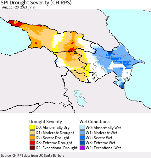 Azerbaijan, Armenia and Georgia SPI Drought Severity (CHIRPS) Thematic Map For 8/11/2023 - 8/20/2023