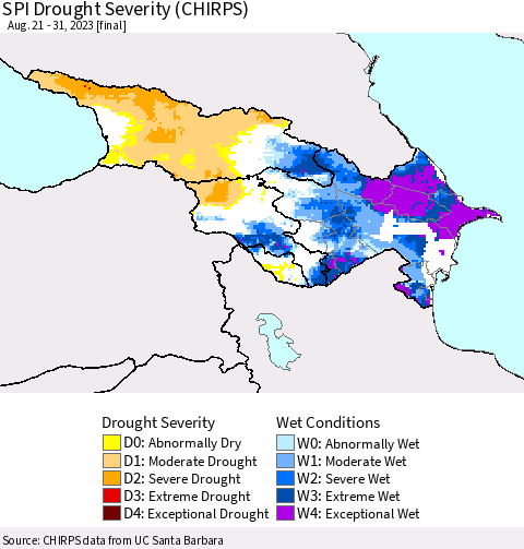 Azerbaijan, Armenia and Georgia SPI Drought Severity (CHIRPS) Thematic Map For 8/21/2023 - 8/31/2023