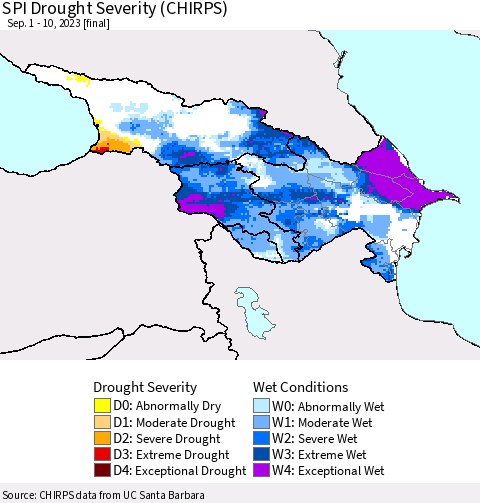 Azerbaijan, Armenia and Georgia SPI Drought Severity (CHIRPS) Thematic Map For 9/1/2023 - 9/10/2023