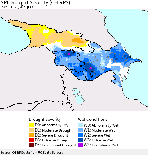 Azerbaijan, Armenia and Georgia SPI Drought Severity (CHIRPS) Thematic Map For 9/11/2023 - 9/20/2023