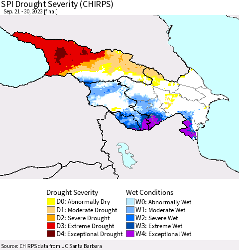 Azerbaijan, Armenia and Georgia SPI Drought Severity (CHIRPS) Thematic Map For 9/21/2023 - 9/30/2023