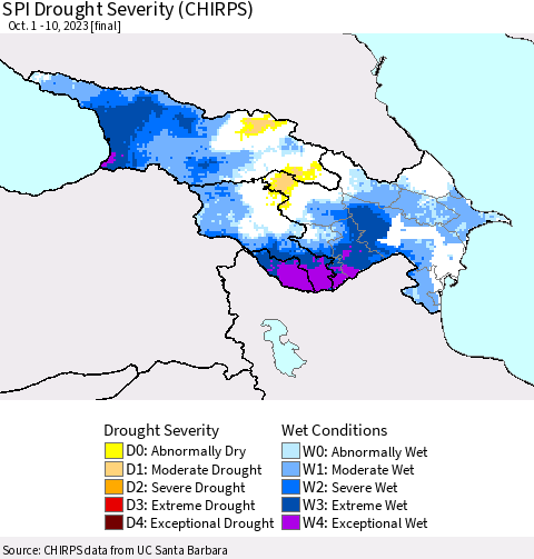 Azerbaijan, Armenia and Georgia SPI Drought Severity (CHIRPS) Thematic Map For 10/1/2023 - 10/10/2023