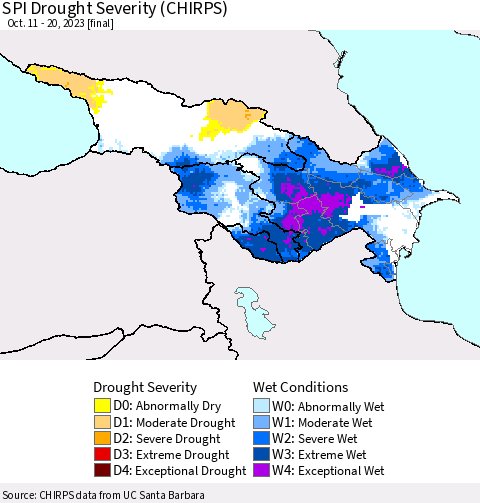 Azerbaijan, Armenia and Georgia SPI Drought Severity (CHIRPS) Thematic Map For 10/11/2023 - 10/20/2023