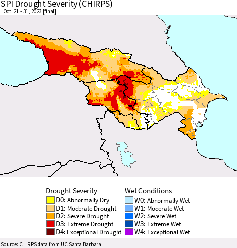 Azerbaijan, Armenia and Georgia SPI Drought Severity (CHIRPS) Thematic Map For 10/21/2023 - 10/31/2023