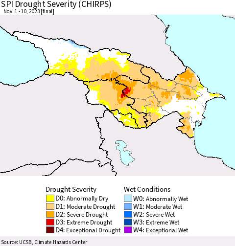 Azerbaijan, Armenia and Georgia SPI Drought Severity (CHIRPS) Thematic Map For 11/1/2023 - 11/10/2023