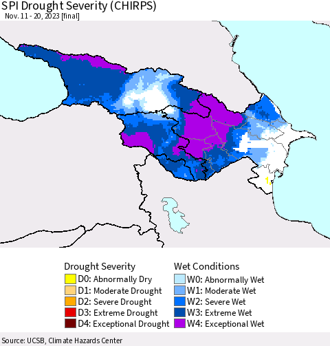 Azerbaijan, Armenia and Georgia SPI Drought Severity (CHIRPS) Thematic Map For 11/11/2023 - 11/20/2023