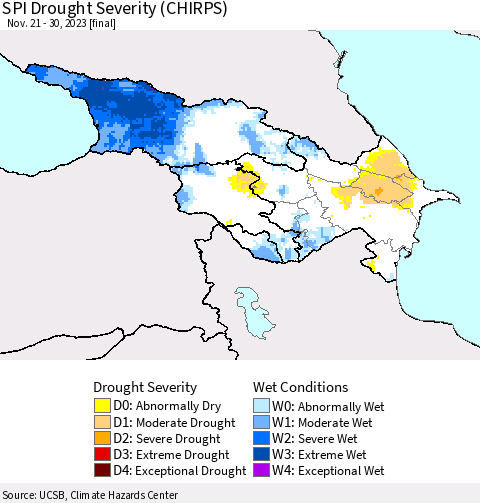 Azerbaijan, Armenia and Georgia SPI Drought Severity (CHIRPS) Thematic Map For 11/21/2023 - 11/30/2023