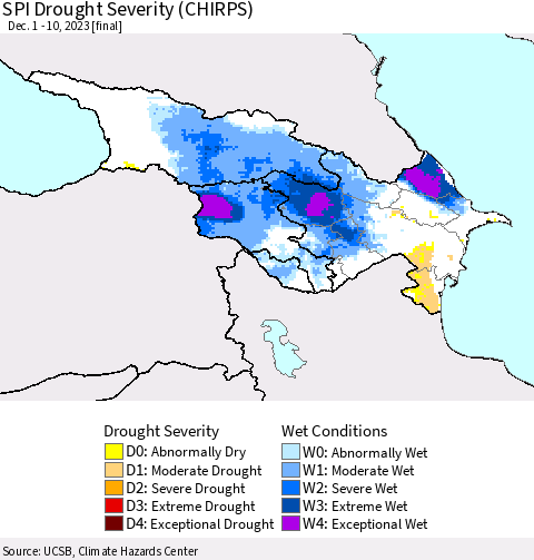 Azerbaijan, Armenia and Georgia SPI Drought Severity (CHIRPS) Thematic Map For 12/1/2023 - 12/10/2023