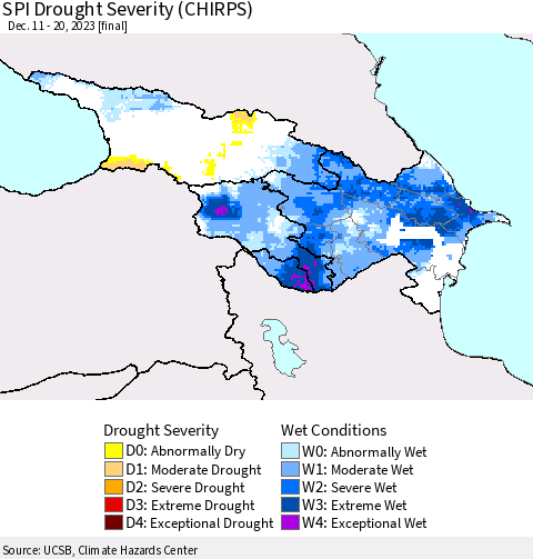 Azerbaijan, Armenia and Georgia SPI Drought Severity (CHIRPS) Thematic Map For 12/11/2023 - 12/20/2023