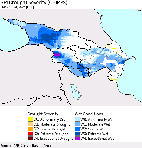 Azerbaijan, Armenia and Georgia SPI Drought Severity (CHIRPS) Thematic Map For 12/21/2023 - 12/31/2023