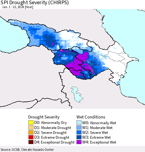 Azerbaijan, Armenia and Georgia SPI Drought Severity (CHIRPS) Thematic Map For 1/1/2024 - 1/10/2024
