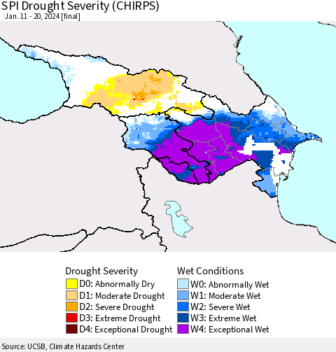 Azerbaijan, Armenia and Georgia SPI Drought Severity (CHIRPS) Thematic Map For 1/11/2024 - 1/20/2024