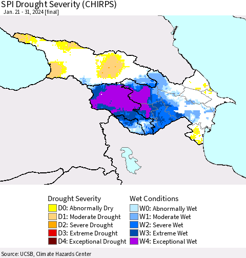 Azerbaijan, Armenia and Georgia SPI Drought Severity (CHIRPS) Thematic Map For 1/21/2024 - 1/31/2024