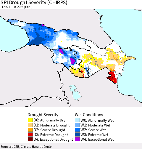 Azerbaijan, Armenia and Georgia SPI Drought Severity (CHIRPS) Thematic Map For 2/1/2024 - 2/10/2024