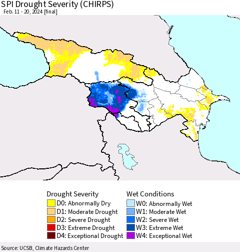 Azerbaijan, Armenia and Georgia SPI Drought Severity (CHIRPS) Thematic Map For 2/11/2024 - 2/20/2024