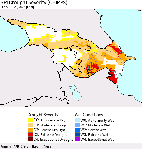 Azerbaijan, Armenia and Georgia SPI Drought Severity (CHIRPS) Thematic Map For 2/21/2024 - 2/29/2024