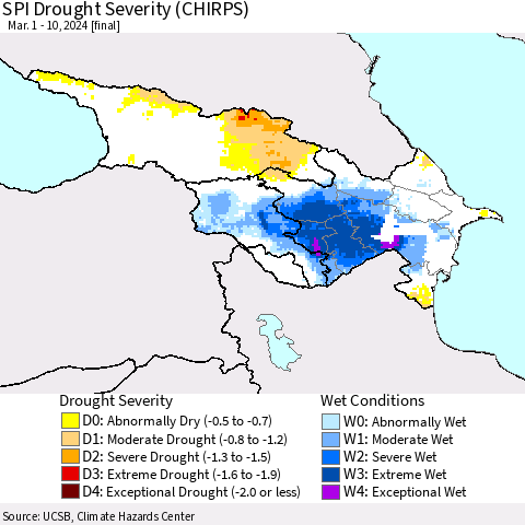 Azerbaijan, Armenia and Georgia SPI Drought Severity (CHIRPS) Thematic Map For 3/1/2024 - 3/10/2024