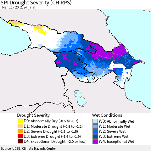 Azerbaijan, Armenia and Georgia SPI Drought Severity (CHIRPS) Thematic Map For 3/11/2024 - 3/20/2024