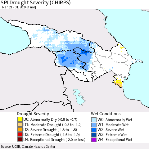 Azerbaijan, Armenia and Georgia SPI Drought Severity (CHIRPS) Thematic Map For 3/21/2024 - 3/31/2024