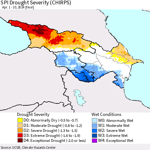 Azerbaijan, Armenia and Georgia SPI Drought Severity (CHIRPS) Thematic Map For 4/1/2024 - 4/10/2024