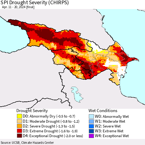 Azerbaijan, Armenia and Georgia SPI Drought Severity (CHIRPS) Thematic Map For 4/11/2024 - 4/20/2024