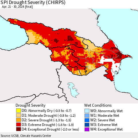 Azerbaijan, Armenia and Georgia SPI Drought Severity (CHIRPS) Thematic Map For 4/21/2024 - 4/30/2024