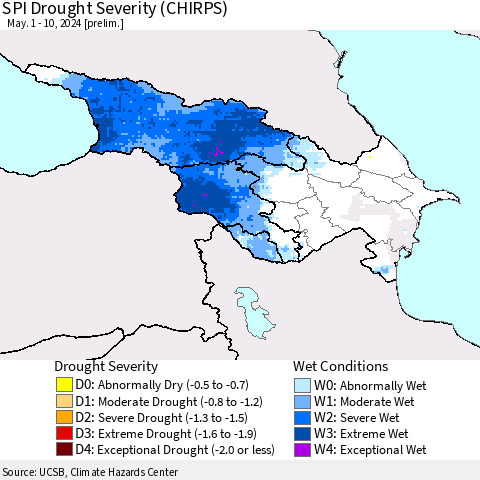 Azerbaijan, Armenia and Georgia SPI Drought Severity (CHIRPS) Thematic Map For 5/1/2024 - 5/10/2024