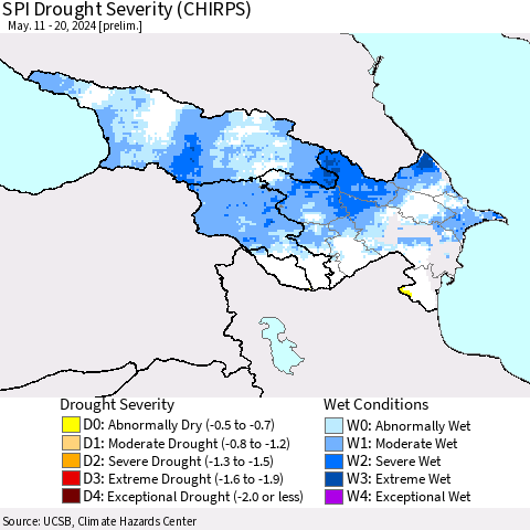 Azerbaijan, Armenia and Georgia SPI Drought Severity (CHIRPS) Thematic Map For 5/11/2024 - 5/20/2024