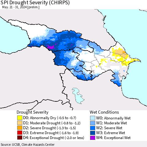 Azerbaijan, Armenia and Georgia SPI Drought Severity (CHIRPS) Thematic Map For 5/21/2024 - 5/31/2024