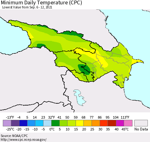 Azerbaijan, Armenia and Georgia Minimum Daily Temperature (CPC) Thematic Map For 9/6/2021 - 9/12/2021
