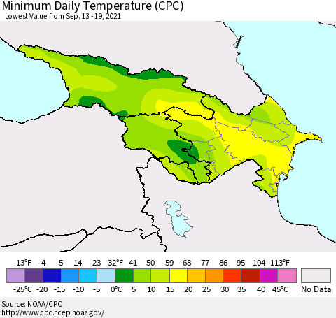 Azerbaijan, Armenia and Georgia Minimum Daily Temperature (CPC) Thematic Map For 9/13/2021 - 9/19/2021