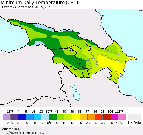 Azerbaijan, Armenia and Georgia Minimum Daily Temperature (CPC) Thematic Map For 9/20/2021 - 9/26/2021