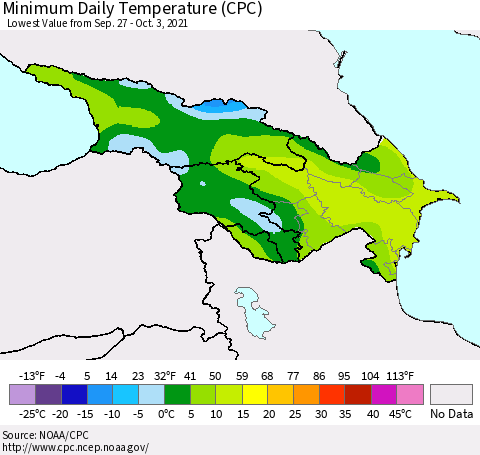 Azerbaijan, Armenia and Georgia Minimum Daily Temperature (CPC) Thematic Map For 9/27/2021 - 10/3/2021