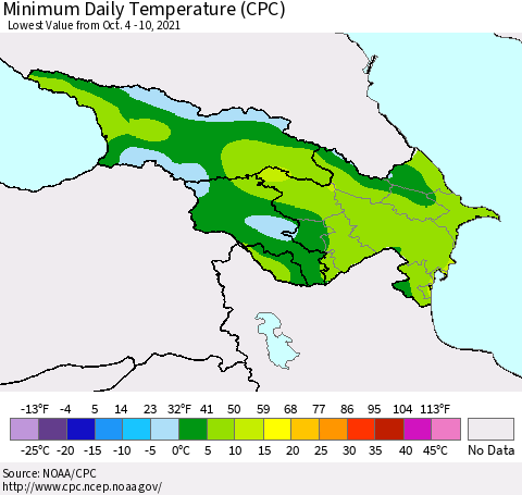 Azerbaijan, Armenia and Georgia Minimum Daily Temperature (CPC) Thematic Map For 10/4/2021 - 10/10/2021