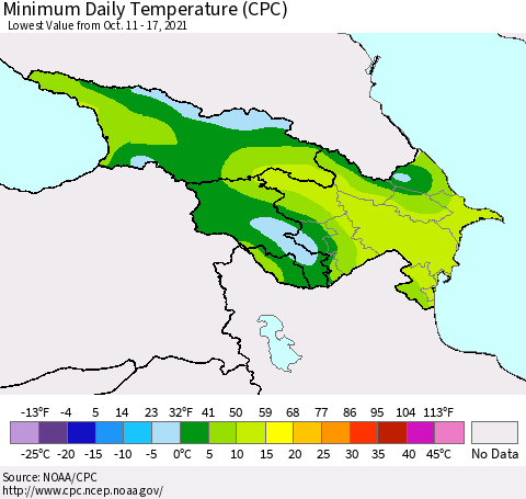 Azerbaijan, Armenia and Georgia Minimum Daily Temperature (CPC) Thematic Map For 10/11/2021 - 10/17/2021
