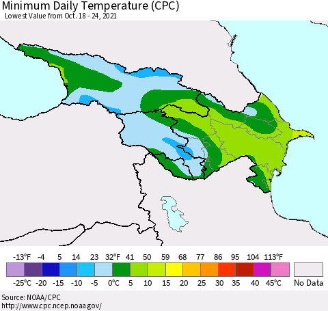 Azerbaijan, Armenia and Georgia Minimum Daily Temperature (CPC) Thematic Map For 10/18/2021 - 10/24/2021