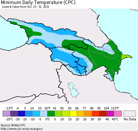 Azerbaijan, Armenia and Georgia Minimum Daily Temperature (CPC) Thematic Map For 10/25/2021 - 10/31/2021