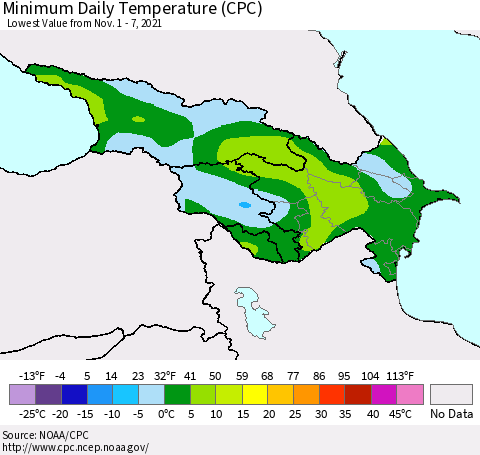 Azerbaijan, Armenia and Georgia Minimum Daily Temperature (CPC) Thematic Map For 11/1/2021 - 11/7/2021