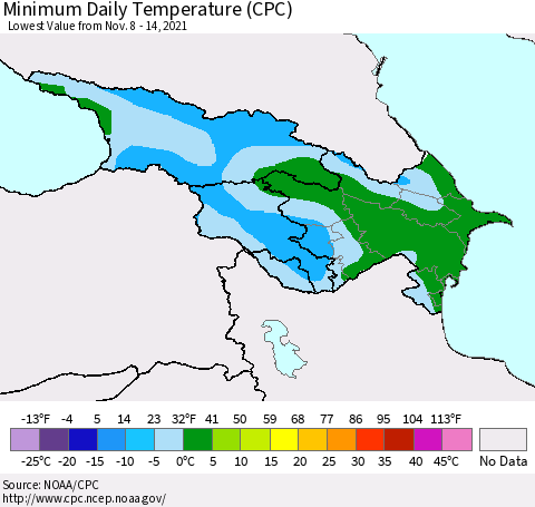 Azerbaijan, Armenia and Georgia Minimum Daily Temperature (CPC) Thematic Map For 11/8/2021 - 11/14/2021