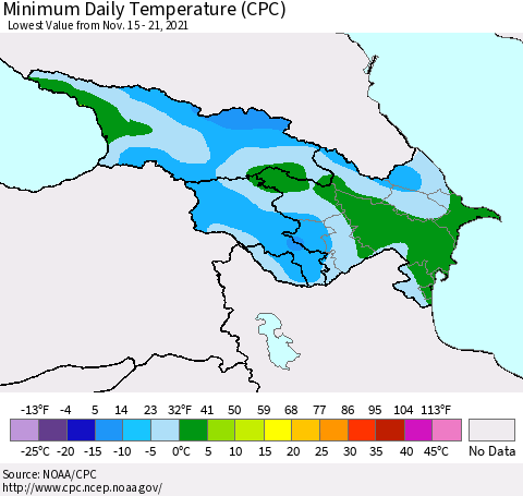 Azerbaijan, Armenia and Georgia Minimum Daily Temperature (CPC) Thematic Map For 11/15/2021 - 11/21/2021
