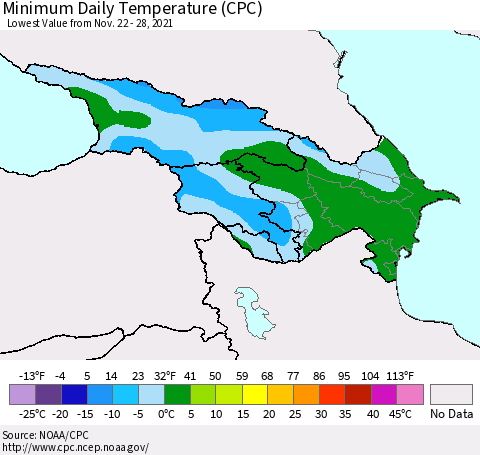 Azerbaijan, Armenia and Georgia Minimum Daily Temperature (CPC) Thematic Map For 11/22/2021 - 11/28/2021