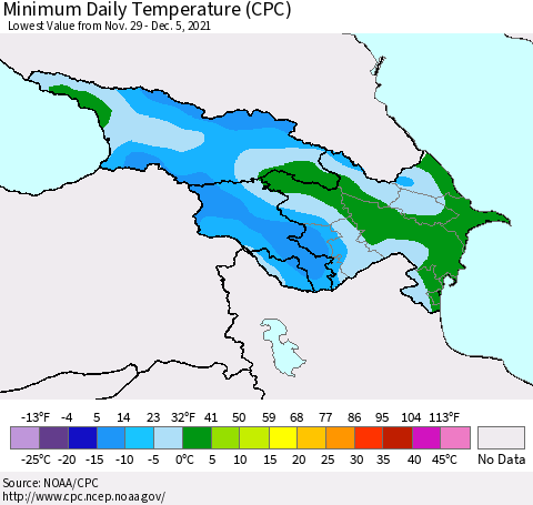 Azerbaijan, Armenia and Georgia Minimum Daily Temperature (CPC) Thematic Map For 11/29/2021 - 12/5/2021