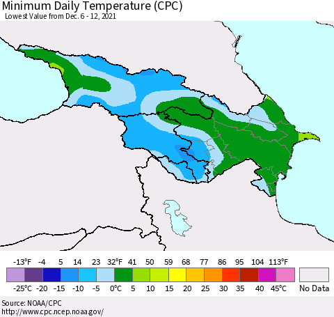 Azerbaijan, Armenia and Georgia Minimum Daily Temperature (CPC) Thematic Map For 12/6/2021 - 12/12/2021