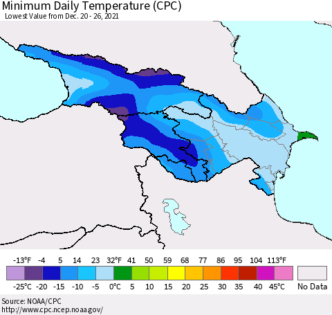 Azerbaijan, Armenia and Georgia Minimum Daily Temperature (CPC) Thematic Map For 12/20/2021 - 12/26/2021