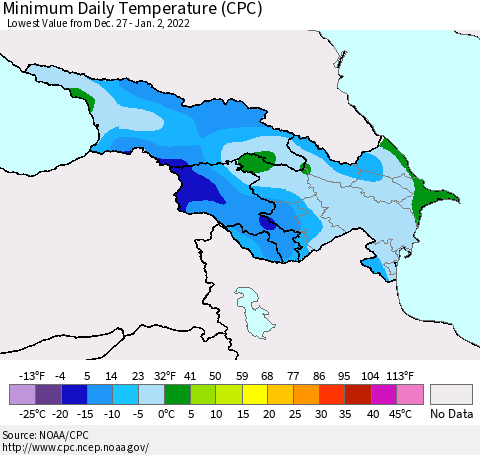 Azerbaijan, Armenia and Georgia Minimum Daily Temperature (CPC) Thematic Map For 12/27/2021 - 1/2/2022