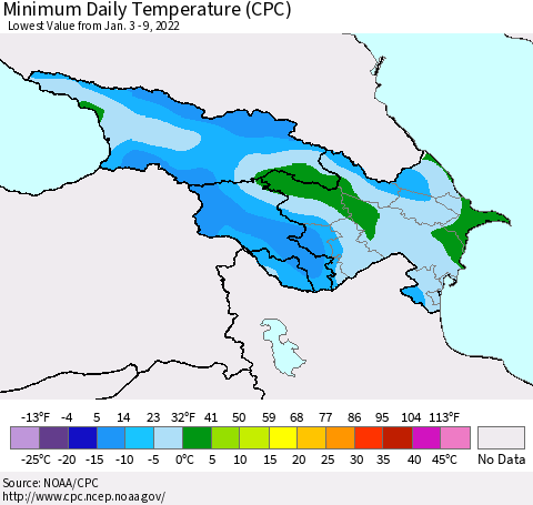 Azerbaijan, Armenia and Georgia Minimum Daily Temperature (CPC) Thematic Map For 1/3/2022 - 1/9/2022