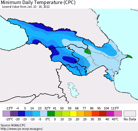 Azerbaijan, Armenia and Georgia Minimum Daily Temperature (CPC) Thematic Map For 1/10/2022 - 1/16/2022