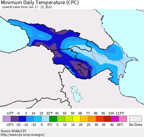 Azerbaijan, Armenia and Georgia Minimum Daily Temperature (CPC) Thematic Map For 1/17/2022 - 1/23/2022