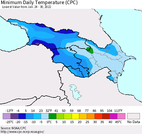 Azerbaijan, Armenia and Georgia Minimum Daily Temperature (CPC) Thematic Map For 1/24/2022 - 1/30/2022