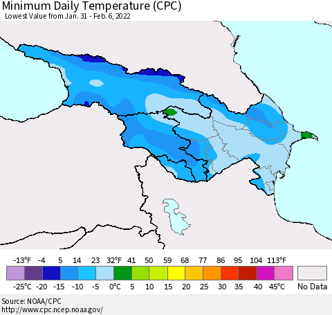 Azerbaijan, Armenia and Georgia Minimum Daily Temperature (CPC) Thematic Map For 1/31/2022 - 2/6/2022